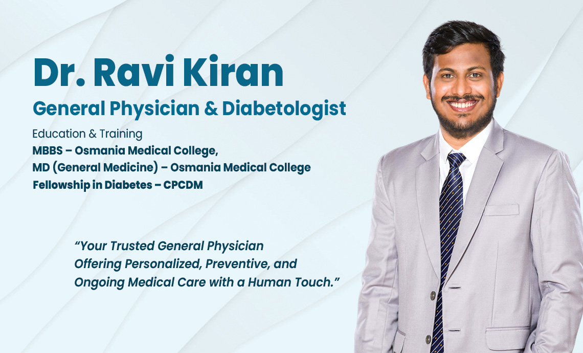 Dr. Ravi Kiran – Best General Physician and Diabetologist in Uppal, expert in diabetes care and general medicine at Onus Robotic Hospitals.