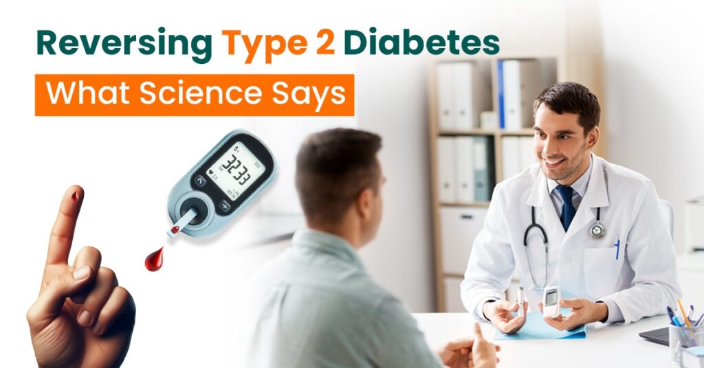 Doctor consulting patient about reversing type 2 diabetes with glucometer and finger-prick test