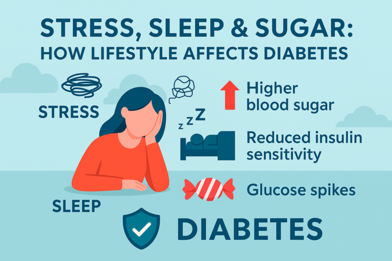 Infographic showing the impact of stress, sleep, and sugar on blood sugar control in diabetes.