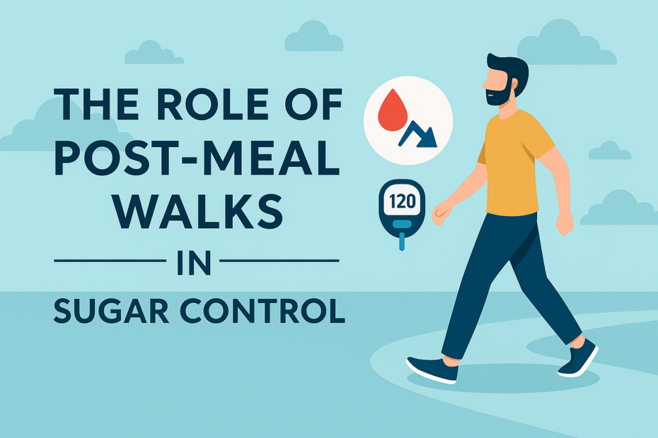 Illustration showing a person walking after a meal to manage blood sugar levels, with health