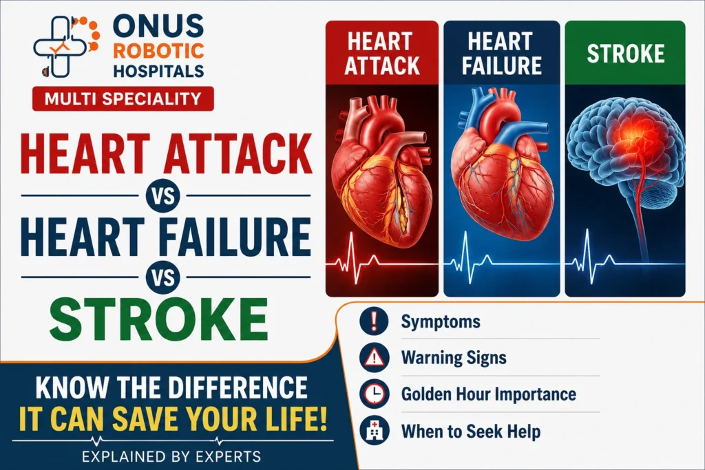 Heart Attack vs Heart Failure vs Stroke: Understanding the Difference Can Save a Life – By Dr. Ravi Kiran | Diabetologist, Onus Robotic Hospital